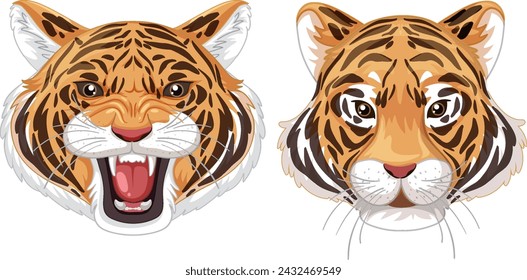 Two tiger faces showing different emotions