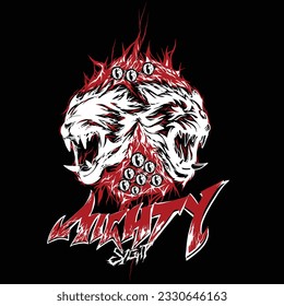 Two tiger heads roaring amidst blood and surrounded by piercing eyes ,mighty sight tagline