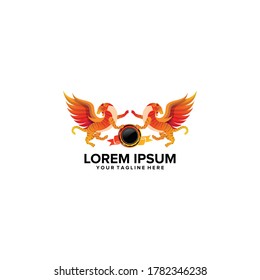two tiger lion with wings and badge -  logo design vector