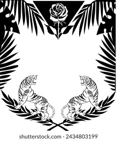 Zwei Tiger Tattoo Design, eingerahmt von Blättern, geeignet für die Verwendung als Tattoo