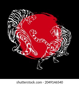 two tigers design vector with red symbol