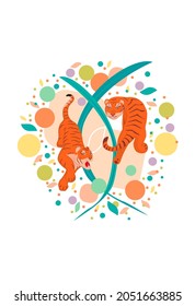 Two tigers and leaves. Cartoon illustration. Illustration two of red tigers in various poses
