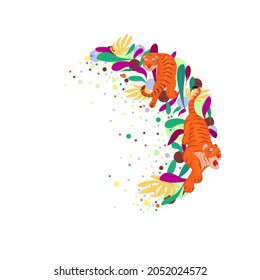 Two tigers, leaves and circles. Cartoon illustration. Illustration two of red tigers in various poses. red tiger runs from top to bottom and to the right. Red tiger walks and turned back.