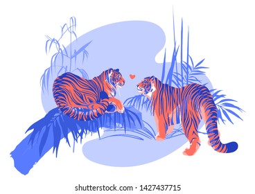 Two tigers in love looking at each other surrounded by exotic plants. Vector romantic illustration in trendy colors