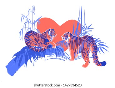 Two tigers in love looking at each other surrounded by exotic plants with big heart on the background. Vector romantic illustration in trendy colors