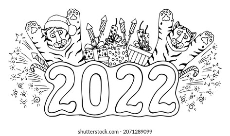 Two tigers for the number 2022. Vector composition in the style of doodling.