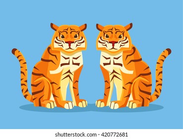 Two tigers. Vector flat cartoon illustration