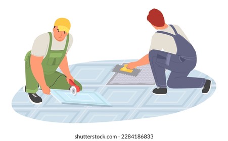 Two tiler workman putting ceramic tile vector illustration. Cheerful man in casual clothes making floor together. Home repair service concept