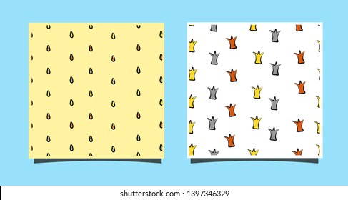Two tiles with seamless patterns with crowns. Gold, silver, bronze. Simple style sketch. For printing on textiles, blog design. Cards for princess or winner. Vector illustration. Black outline