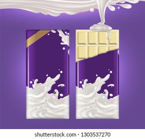 Two tiles of white chocolate on a purple background. The packaging on one of the chocolates is torn and a jet of milk is pouring on it.