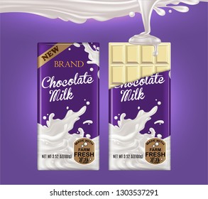 Two tiles of white chocolate on a purple background. The packaging on one of the chocolates is torn and a jet of milk is pouring on it.