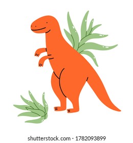 Two tillandsia plants with a cute dinosaur pot, isolated cartoon vector illustration