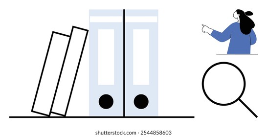 Dos carpetas inclinadas junto a dos carpetas verticales, una lupa y una persona que apunta. Ideal para la productividad de la organización, el trabajo de oficina, la gestión de documentos y temas de investigación. Estilo moderno simple