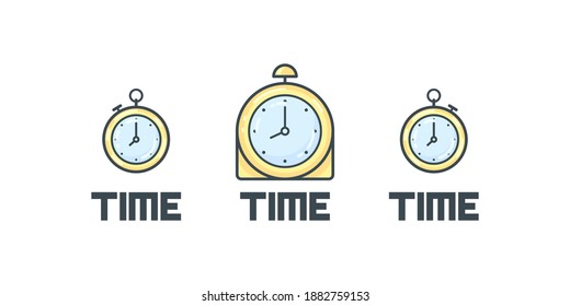 Two timer icons, one clock and phrase time on white background. Design elements. Infographic illustration.