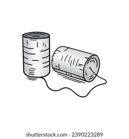 two tin cans and string. communication with cans. hand drawn drawstring two tin concept