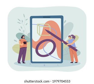 Two tiny cartoon girls painting abstract figures. Flat vector illustration. Women drawing geometric patterns on giant tablet. Graphic design, creativity, art, modern technologies, freelance concept