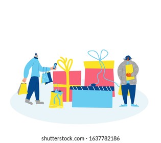 Two tiny characters with huge gift bags. holiday sale concept. Persons standing wiht shopping bags and phone. Vector color flat illustration.