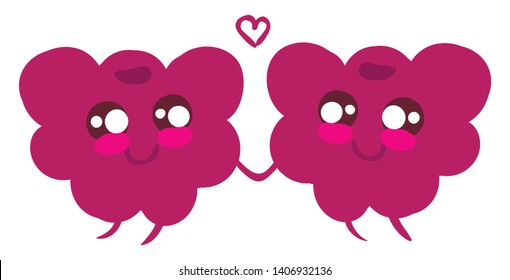 Two tiny cute raspberries purple in color holding each others hands and beautiful heart between them, vector, color drawing or illustration. 