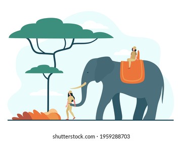 Two tiny girls riding giant elephant in African jungle. Flat vector illustration. Women doing safari journey together. Africa, travel, animal, jungle concept for banner design or landing page