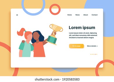 Two tiny girls winning prize in competition. Cup, victory. Flat vector illustration. Contest concept can be used for presentations, banner, website design, landing web page