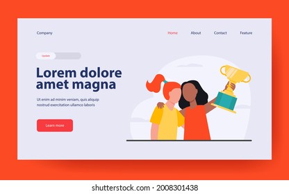 Two tiny girls winning prize in competition. Cup, victory. Flat vector illustration. Contest concept can be used for presentations, banner, website design, landing web page