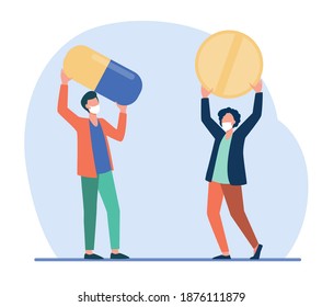 Two tiny guys in masks holding giant pills. Coronavirus, pandemic, drug flat vector illustration. Medicine and healthcare concept for banner, website design or landing web page