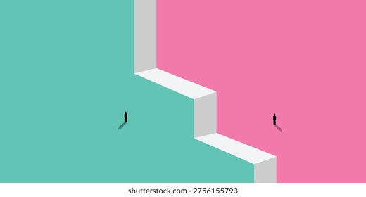 Two tiny human figures stand on contrasting teal and pink planes, separated by a stark white geometric barrier, suggesting a metaphor for choice, challenge, or social division.