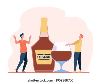 Two tiny men with giant glass and bottle full of alcohol. Flat vector illustration. Friends with alcohol enjoying time together. Alcohol, beverage, party concept for banner design, advertisement