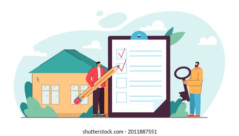 Zwei winzige Männer bereiten sich auf den Umzug vor. Flache Vektorgrafik. Zwei Leute füllen eine riesige Liste mit Auswahlfeldern aus, halten Schlüssel im Hintergrund des Hauses. Umzug, Wohnungsbau, Planung, Miete, Eigentumskonzept
