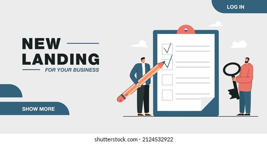 Two tiny men preparing for move. Flat vector illustration. Two people filling out giant list with checkmarks, holding key in background of house. Moving, housing, planning, renting, ownership concept