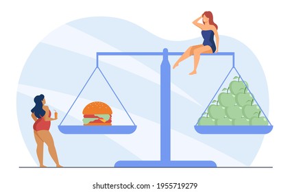Dos diminutas mujeres comparando dietas a escalas. Apple, hamburguesa, graso ilustración vectorial plana. Concepto de alimentos y nutrición saludables para banner, diseño de sitios web o página web de inicio