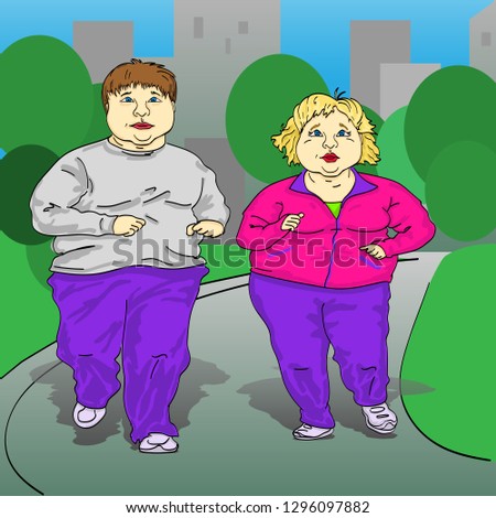 Two tired fat people, a man and a woman in colored tracksuits on the track in the city Park. Vector illustration