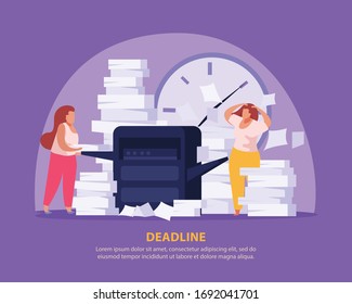 Two tired women working with papers before dead line flat background vector illustration