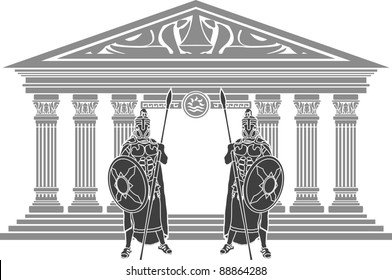 two titans and temple of atlantis. stencil. vector illustration