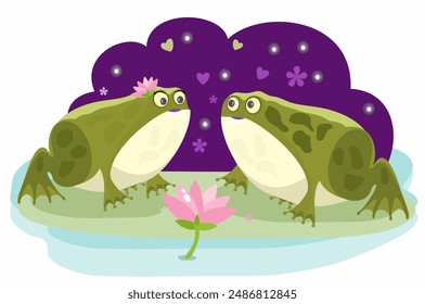 Two toads looking at each other, a pair of frogs, pink lotus flower, night, romance, vector illustration