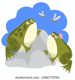 Two toads on a stone watching mosquitoes, vector illustration