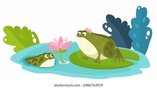 Two toads in a pond, toad on a water lily, toad in water, pink lotus flower, vector illustration