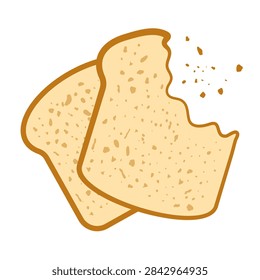 Two toast bread slices with bitten piece flat vector illustration. Nibbled toast pair with flying crumbs isolated on white background. Breakfast and snack concept.