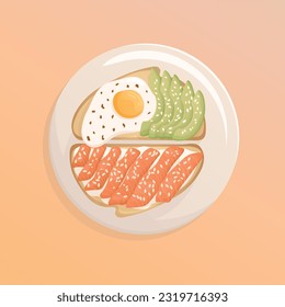 Two toast with scrambled eggs, avocado and salmon. Healthy eating, nutrition, diet, cooking, breakfast menu, fresh food concept. Vector illustration for banner, menu, poster.