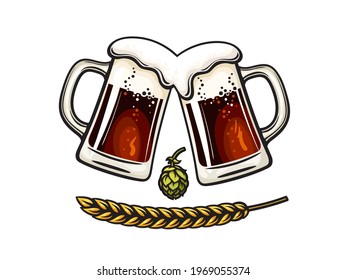 Two toasting beer mugs, barley or wheat ear and hop cone Clinking glass tankards full of dark beer and splashed foam. Vector illustration for pub or bar, beer production, brewery, festivals. 