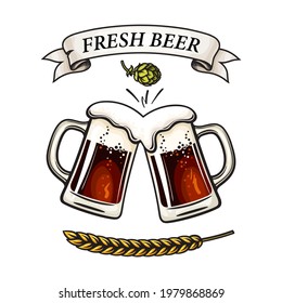 Two toasting beer mugs, barley or wheat ear , hop cone, ribbon banner with text Fresh Beer. Clinking glass tankards full of beer and splashed foam. Vector illustration isolated on white background.