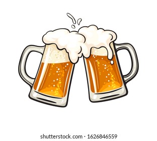 Two Toasting Beer Mugs, Cheers. Clinking Glass Tankards Full Of Beer And Splashed Foam. Vector Illustration Isolated On White Background.