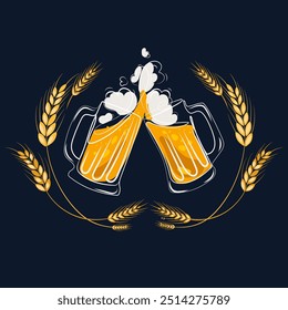 Two toasting beer mugs, Cheers,with spikelets . Hand drawn Clinking glass full of beer and splashed foam. Vector illustration with beer for decorating banners, posters, advertisements, packaging