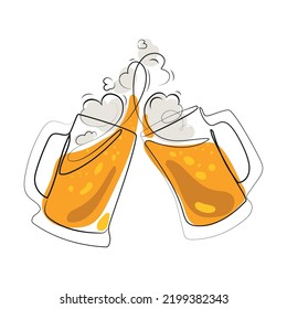 Two toasting beer mugs line drawing Minimal art vector isolated illustration on white, Cheers. Clinking glass tankards full of beer and splashed foam in the shape of hearts. Mugs with beer color image