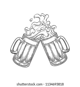 Two toasting beer mugs with splash drinks, sketch vector illustration. Hand drawn label design elements.