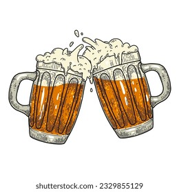 Two toasting beer mugs. Vintage beer mugs. For poster, menu, banner.