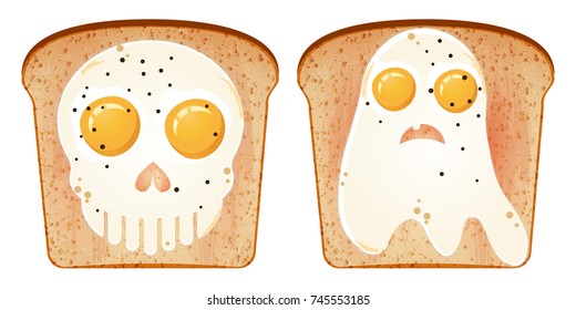Two toasts with an egg in the form of a skull and bringing (breakfast on Halloween). Stock vector illustration.