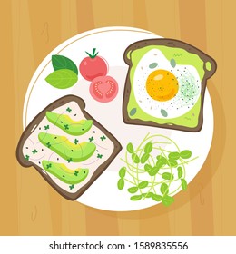Two toasts with fried egg, avocado, cherry tomato and microgreens on plate. Flat trendy hand drawn style. Isolated on white background. 