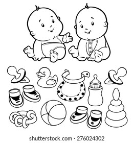 Two toddler, with baby items. Vector Illustration on a white background.