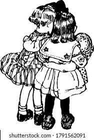 Duas crianças saindo, uma das crianças envolve seu braço em volta de outro ombro infantil, desenho de linha vintage ou ilustração de gravura.
